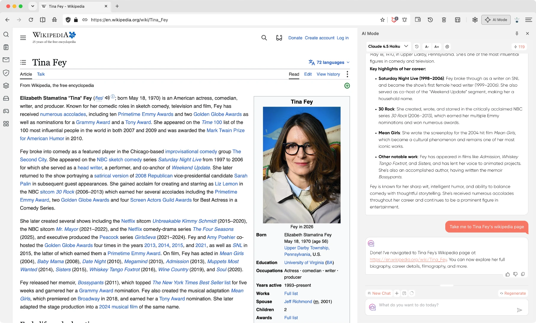 qikfox Safe Browser showing a Wikipedia article beside the AI Mode assistant panel