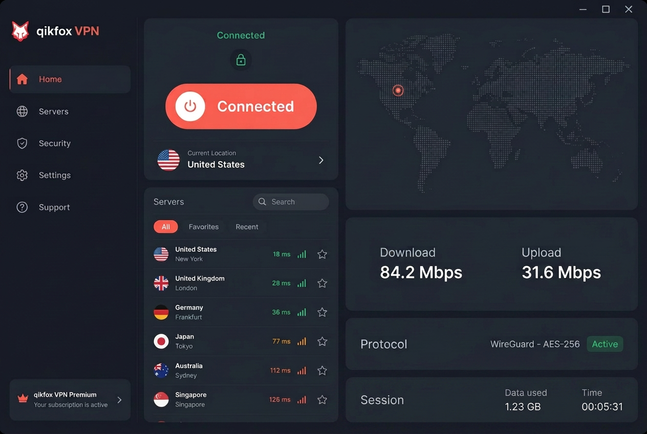 qikfox VPN app showing a connected session and a server location list
